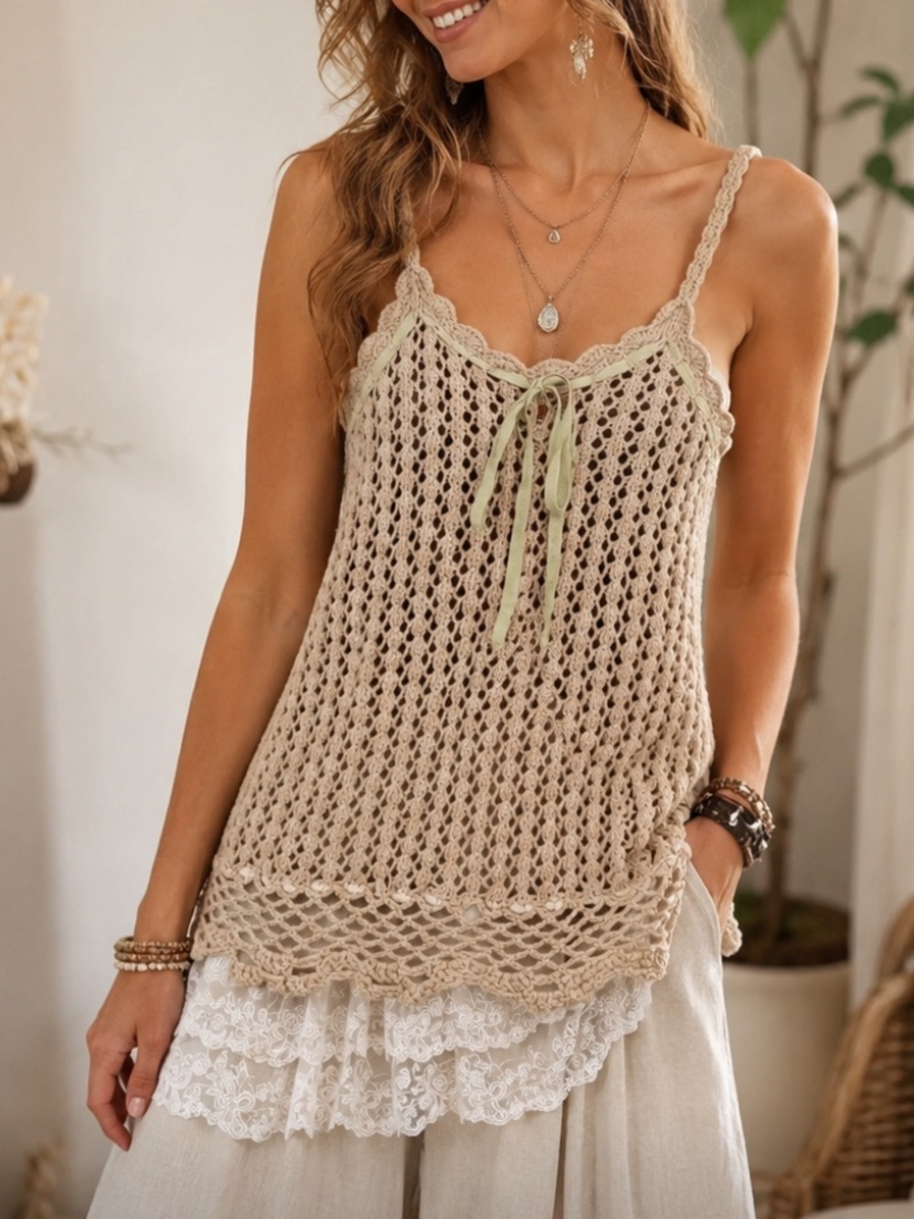 Twill Twenty Two Vintage Y2K Crochet Lace-Trim Camisole in Beige